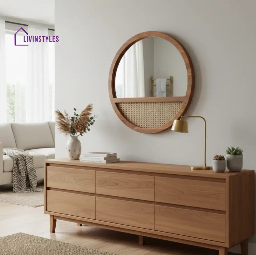 ADOUER WOOD Solid Wood 28’’ Round Wood Wall Mirror with Cane Weave Inlay - Wall Mirror