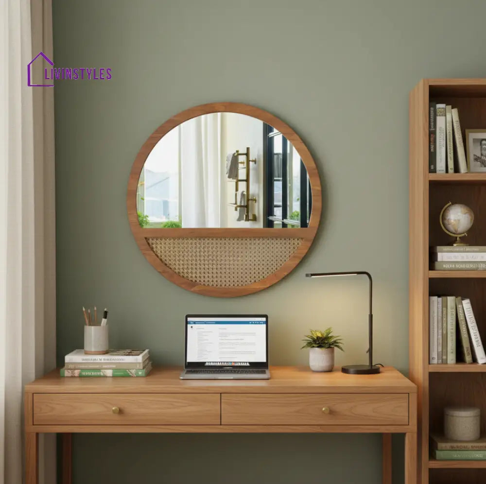 ADOUER WOOD Solid Wood 28’’ Round Wood Wall Mirror with Cane Weave Inlay - Wall Mirror
