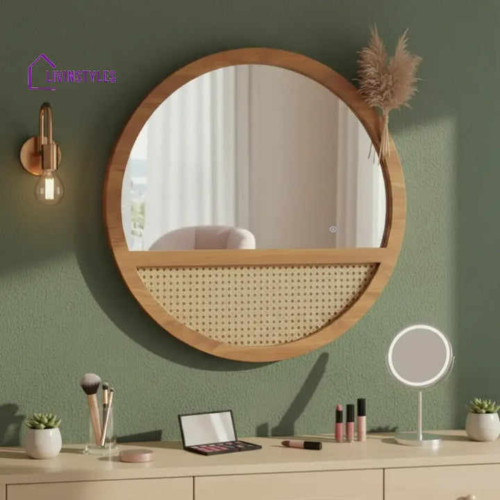 ADOUER WOOD Solid Wood 28’’ Round Wood Wall Mirror with Cane Weave Inlay - Wall Mirror