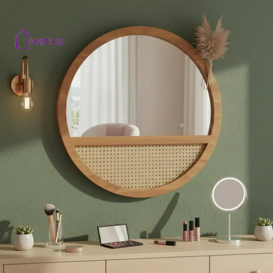 ADOUER WOOD Solid Wood 28’’ Round Wood Wall Mirror with Cane Weave Inlay - Wall Mirror