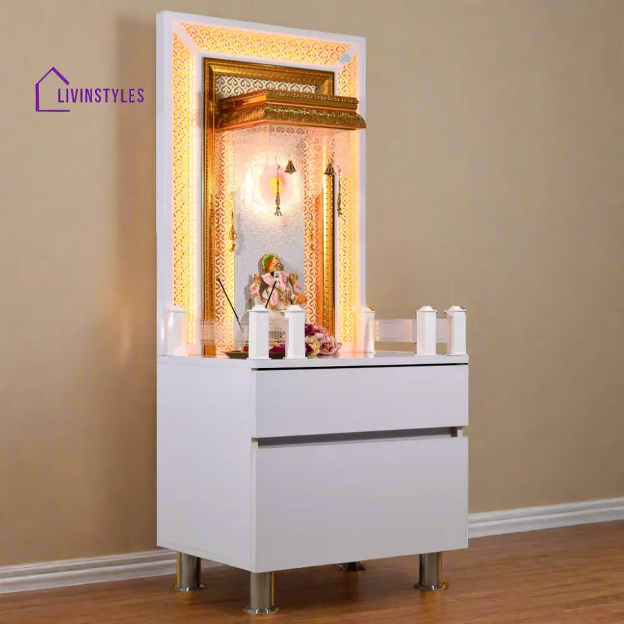 Victoria White Glossy Wooden Pooja Mandir for Flats Home with Storage and Lighting Mandir