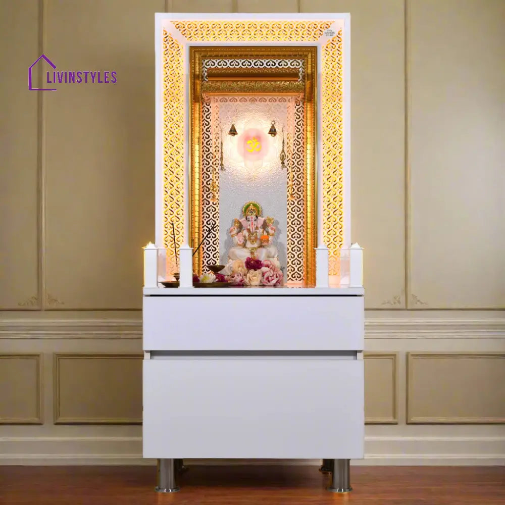 Victoria White Glossy Wooden Pooja Mandir for Flats Home with Storage and Lighting Mandir