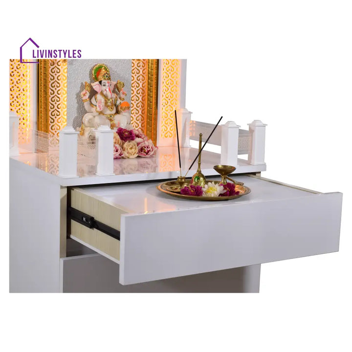 Victoria White Glossy Wooden Pooja Mandir for Flats Home with Storage and Lighting Mandir