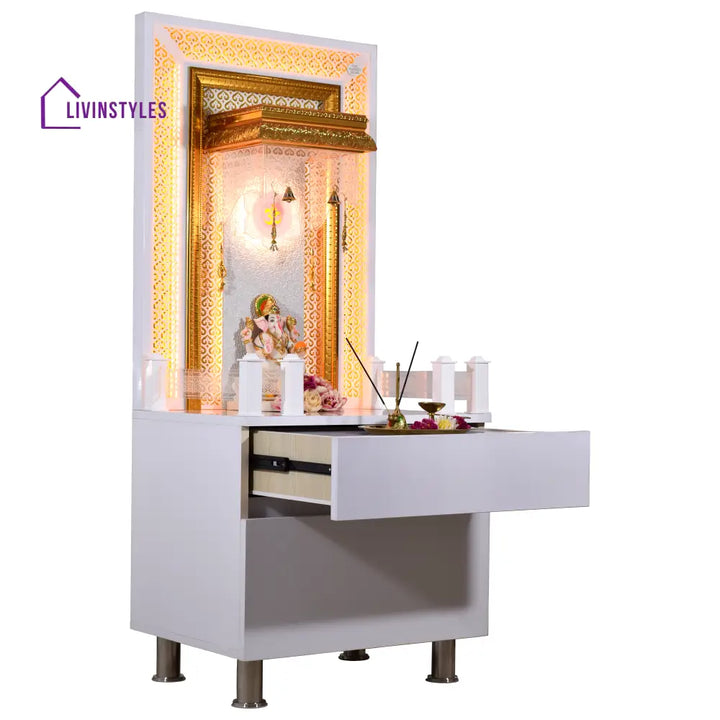 Victoria White Glossy Wooden Pooja Mandir for Flats Home with Storage and Lighting Mandir