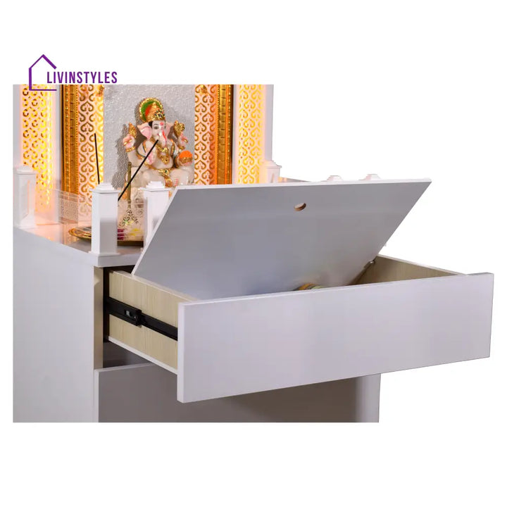 Victoria White Glossy Wooden Pooja Mandir for Flats Home with Storage and Lighting Mandir