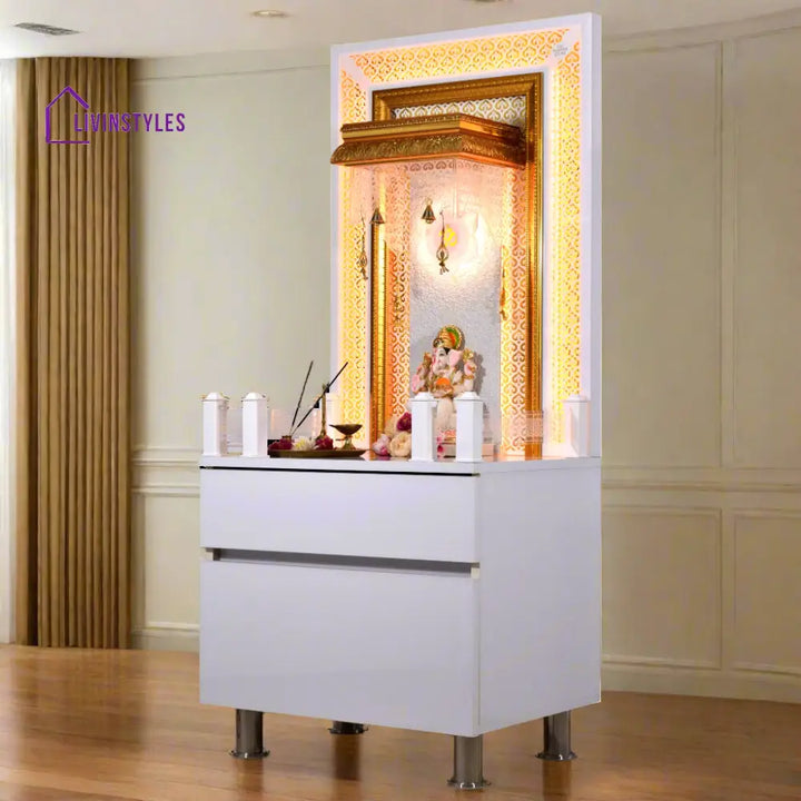 Victoria White Glossy Wooden Pooja Mandir for Flats Home with Storage and Lighting Mandir