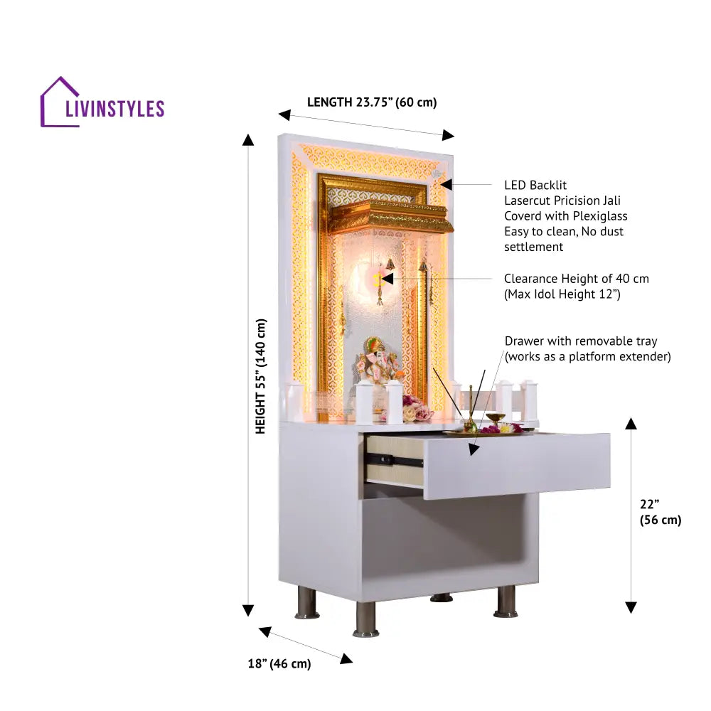 Victoria White Glossy Wooden Pooja Mandir for Flats Home with Storage and Lighting Mandir