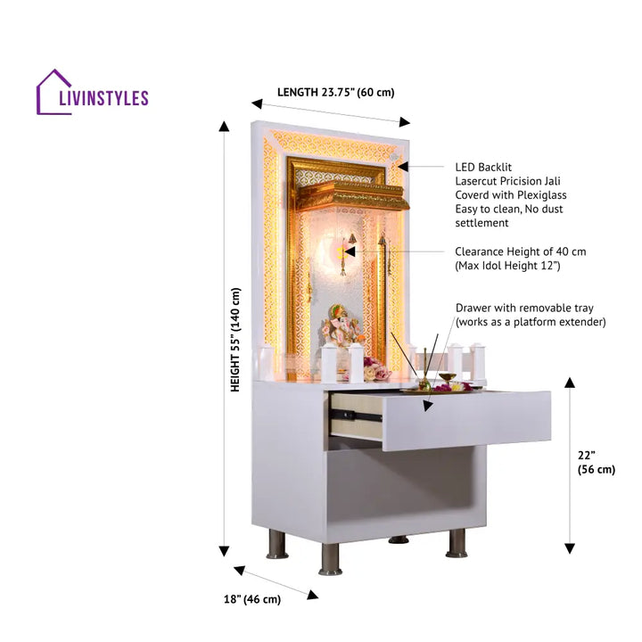 Victoria White Glossy Wooden Pooja Mandir for Flats Home with Storage and Lighting Mandir
