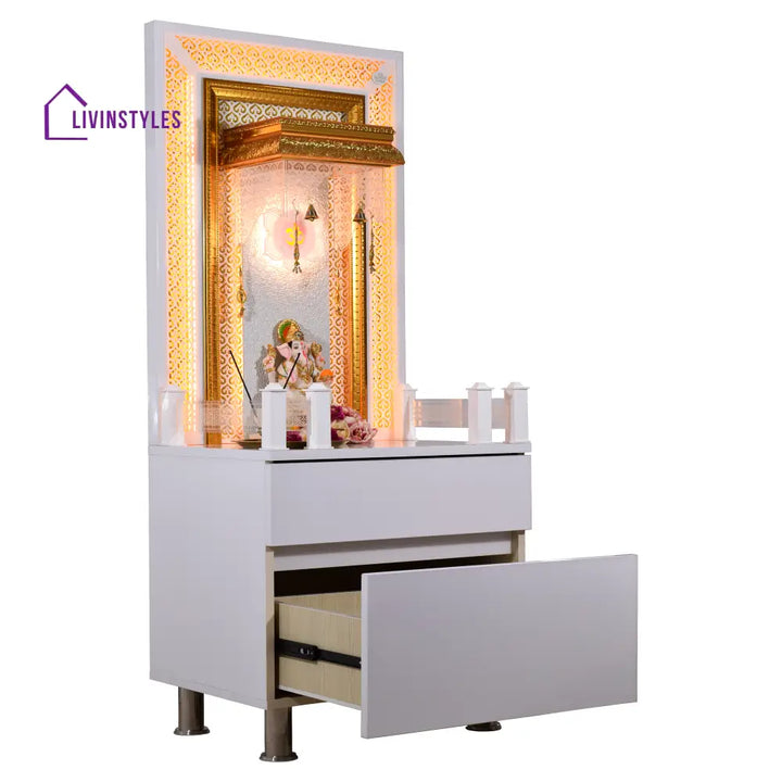 Victoria White Glossy Wooden Pooja Mandir for Flats Home with Storage and Lighting Mandir
