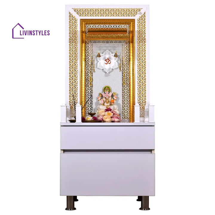 Victoria White Glossy Wooden Pooja Mandir for Flats Home with Storage and Lighting Mandir