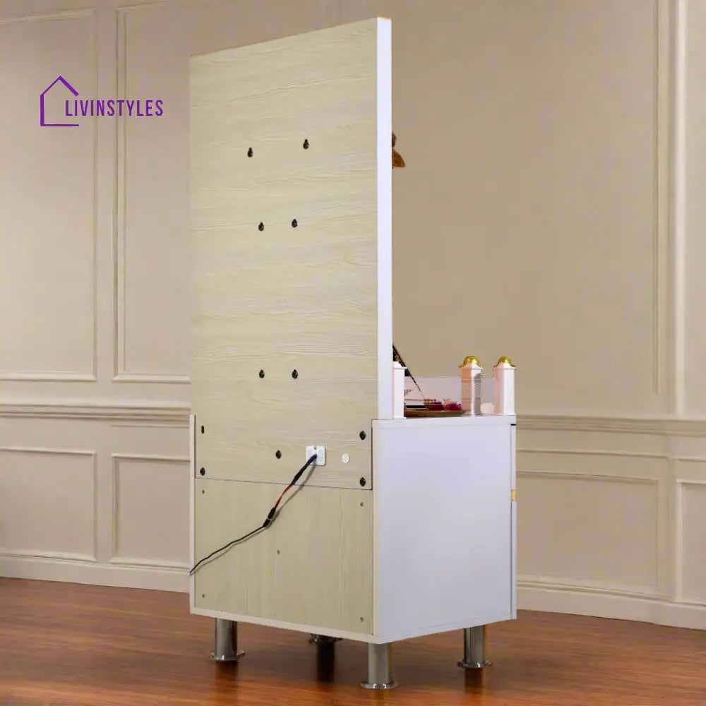 Victoria White Glossy Wooden Pooja Mandir for Flats Home with Storage and Lighting Mandir