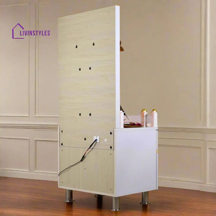 Victoria White Glossy Wooden Pooja Mandir for Flats Home with Storage and Lighting Mandir