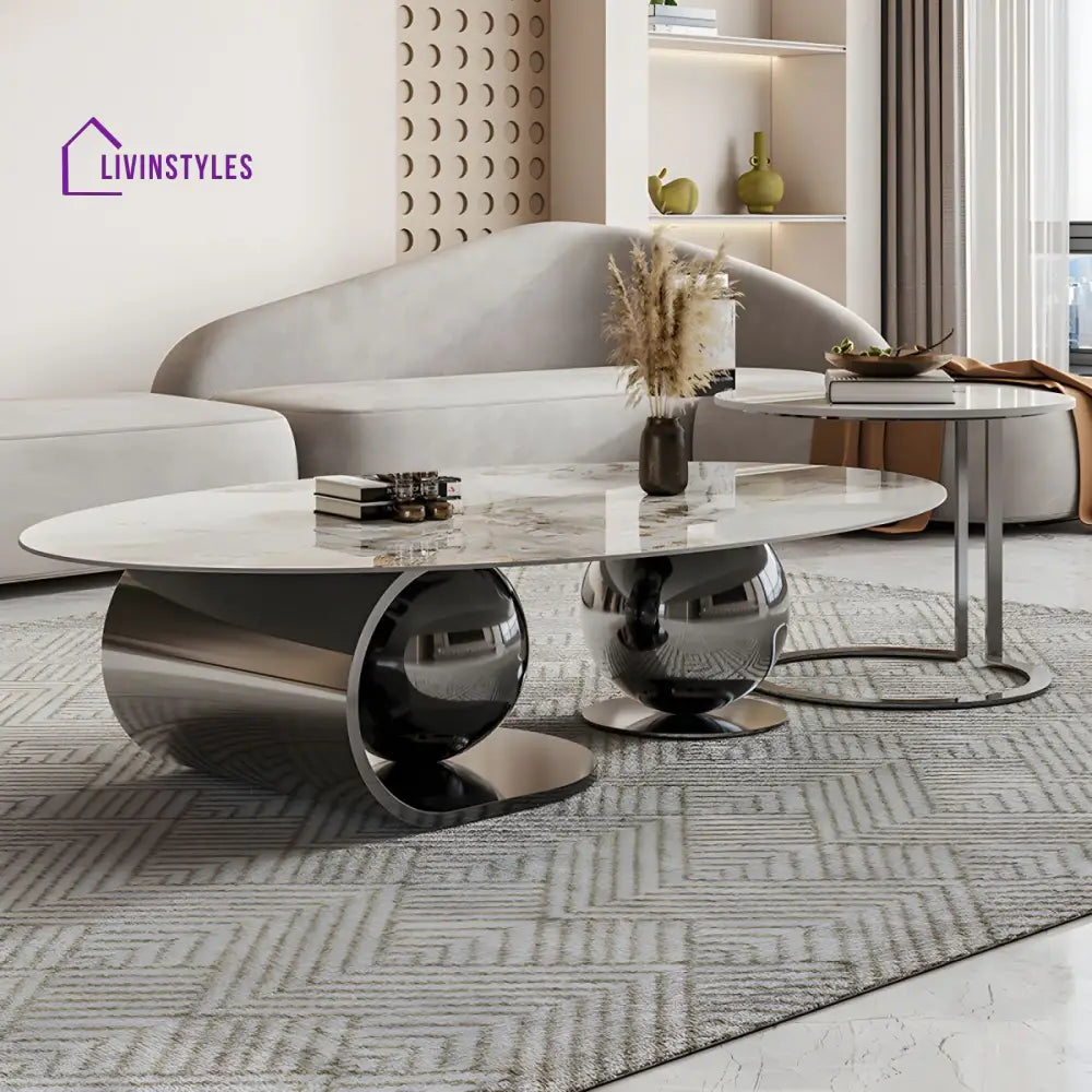 Vidhi Marble Top Stainless Steel 2 Bool Coffee Table and Side Table Set in PVD Coated
