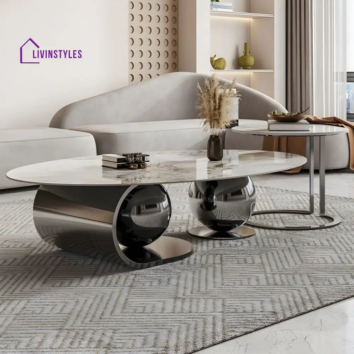 Vidhi Marble Top Stainless Steel 2 Bool Coffee Table and Side Table Set in PVD Coated