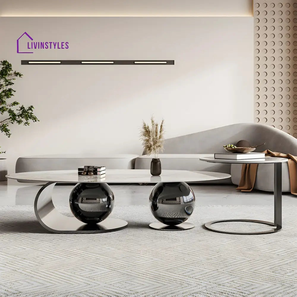 Vidhi Marble Top Stainless Steel 2 Bool Coffee Table and Side Table Set in PVD Coated