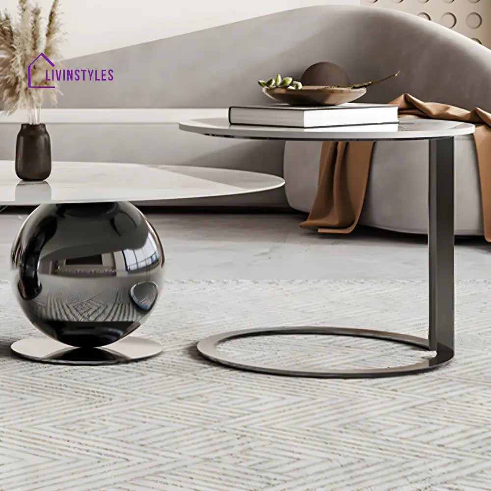 Vidhi Marble Top Stainless Steel 2 Bool Coffee Table and Side Table Set in PVD Coated