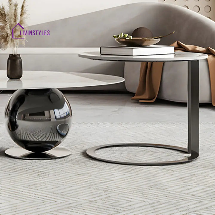 Vidhi Marble Top Stainless Steel 2 Bool Coffee Table and Side Table Set in PVD Coated