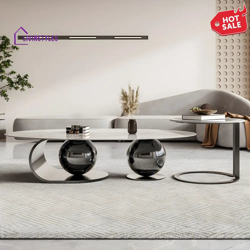 Vidhi Marble Top Stainless Steel 2 Bool Coffee Table and Side Table Set in PVD Coated