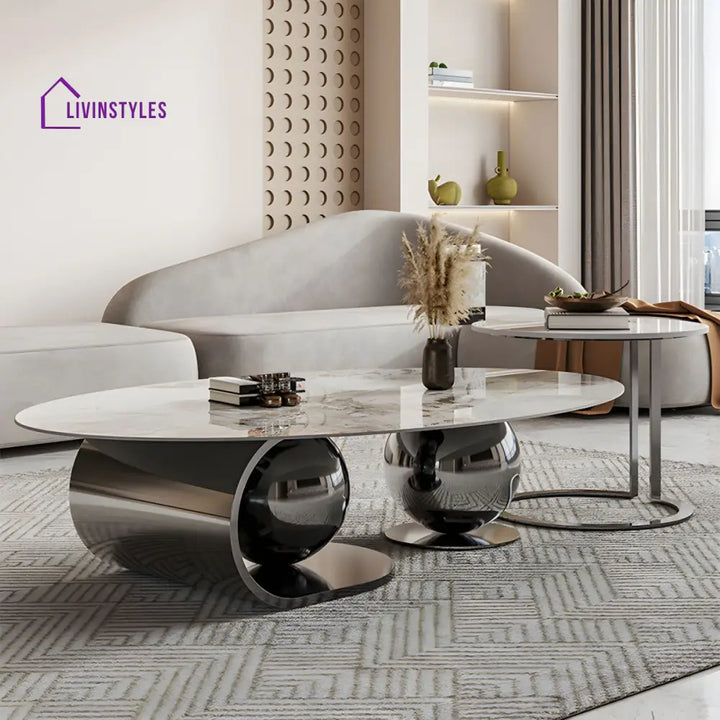 Vidhi Marble Top Stainless Steel 2 Bool Coffee Table and Side Table Set in PVD Coated