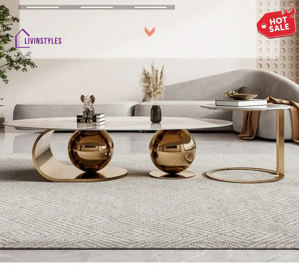 Vidhi Marble Top Stainless Steel 2 Bool Coffee Table And Side Set In Pvd Coated