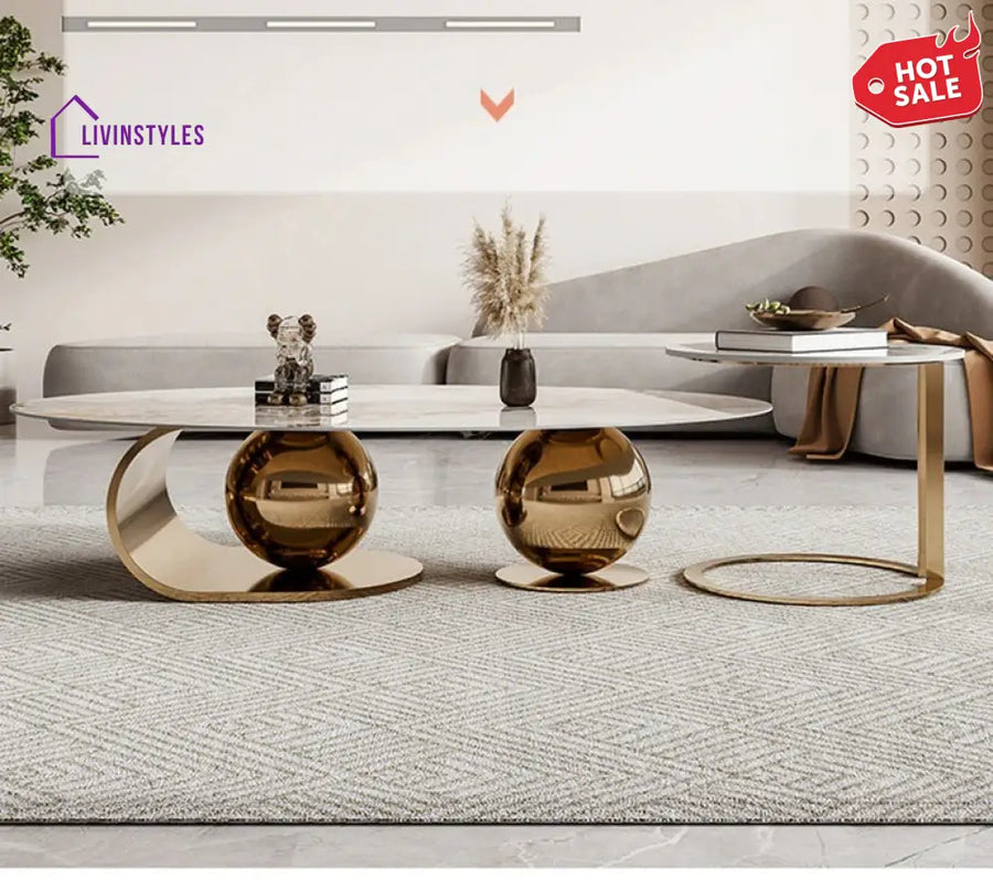 Vidhi Marble Top Stainless Steel 2 Bool Coffee Table And Side Set In Pvd Coated
