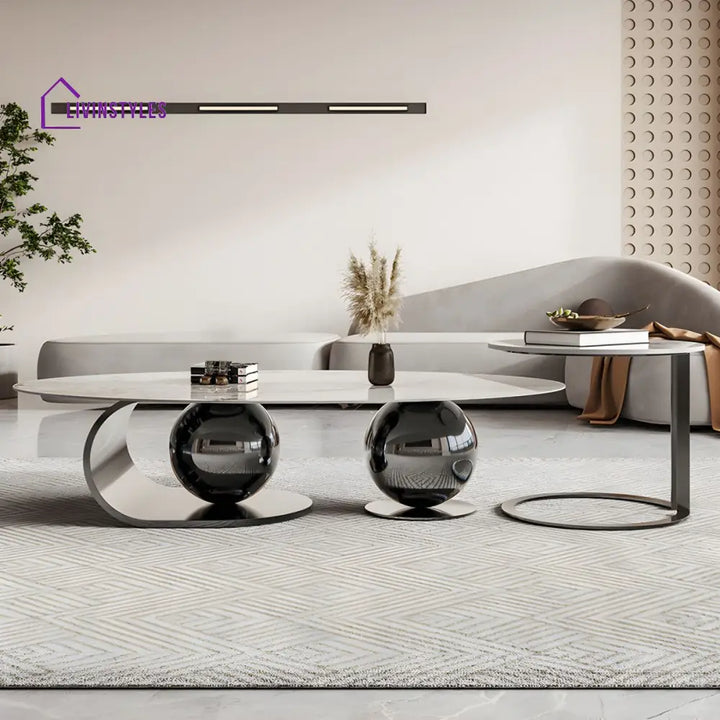 Vidhi Marble Top Stainless Steel 2 Bool Coffee Table and Side Table Set in PVD Coated