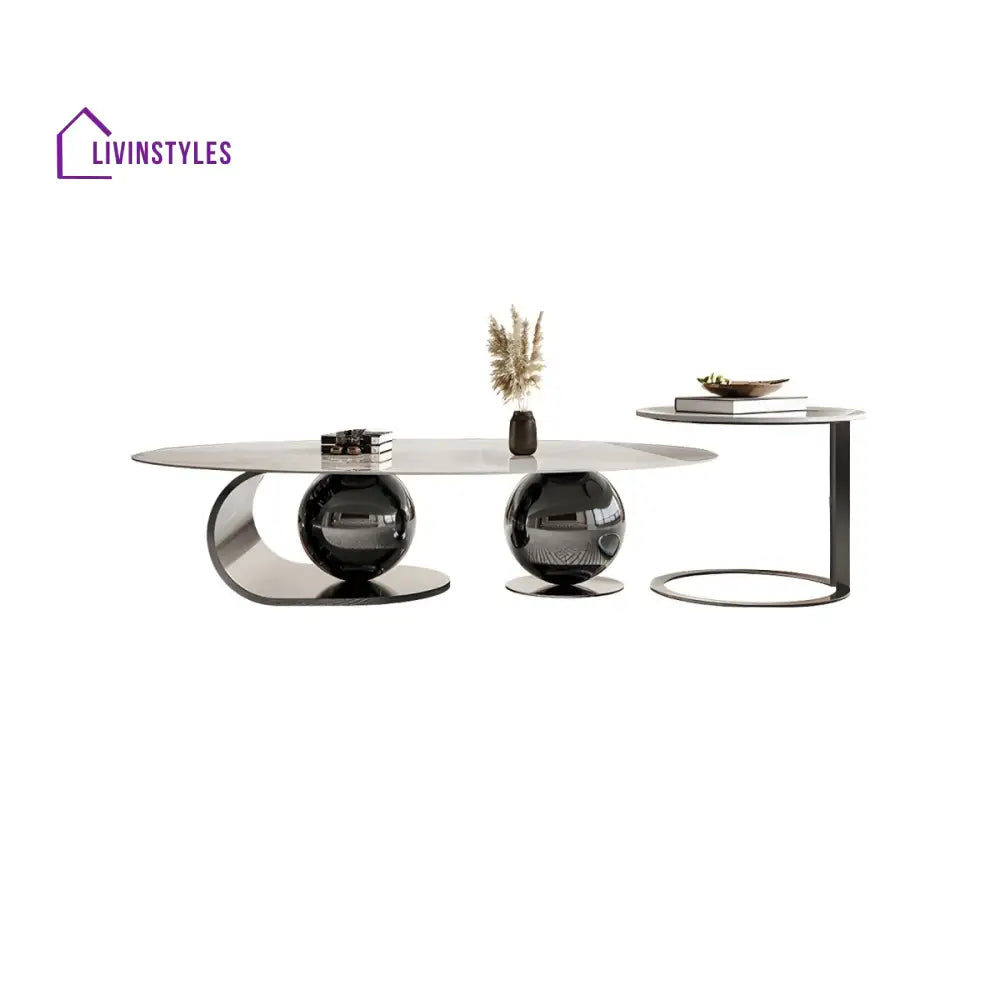 Vidhi Marble Top Stainless Steel 2 Bool Coffee Table and Side Table Set in PVD Coated
