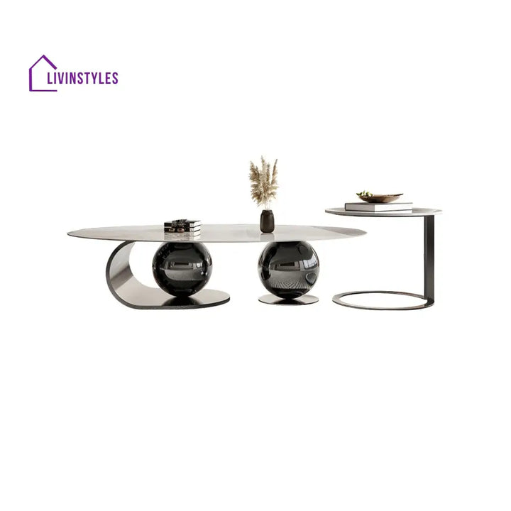 Vidhi Marble Top Stainless Steel 2 Bool Coffee Table and Side Table Set in PVD Coated