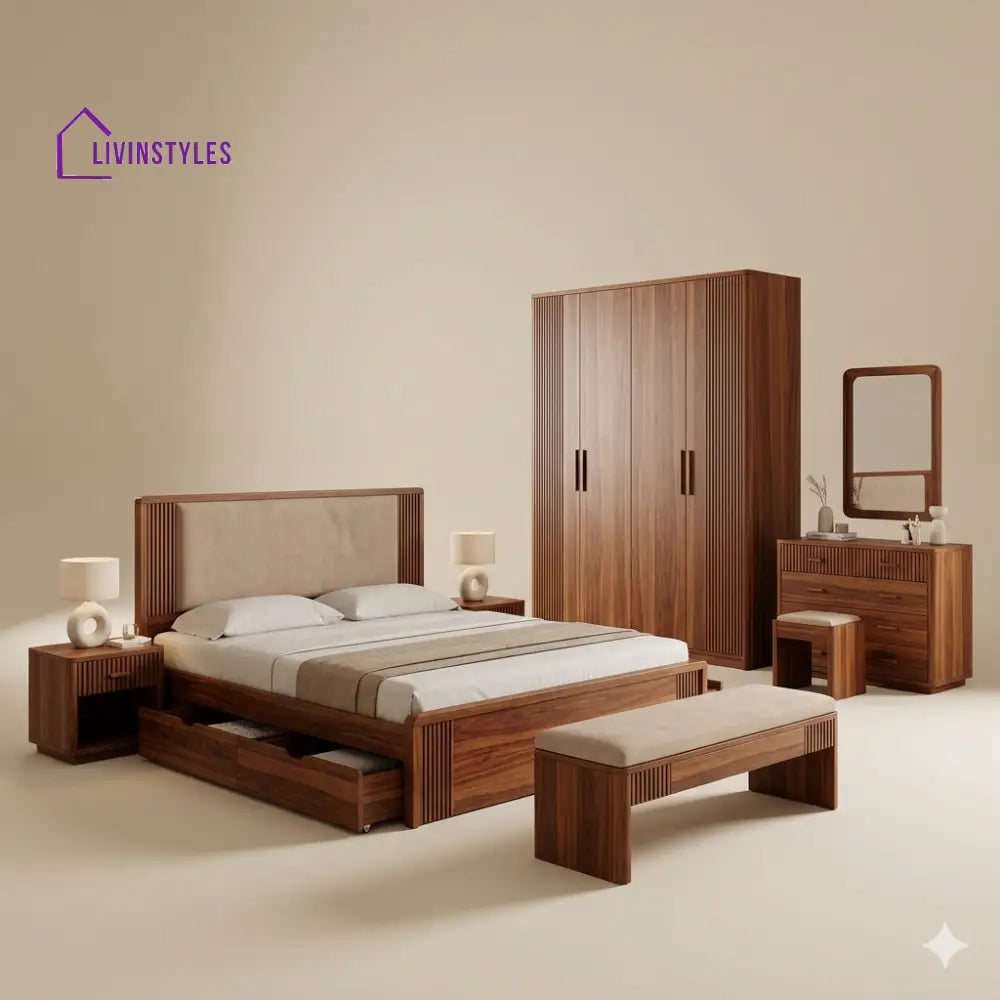 Vidhi Solid Sheesham Wood Bedroom Set with Bed Bedside Tables Bench Wardrobe & Dresser