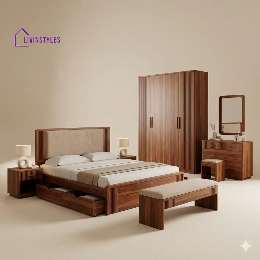 Vidhi Solid Sheesham Wood Bedroom Set with Bed Bedside Tables Bench Wardrobe & Dresser