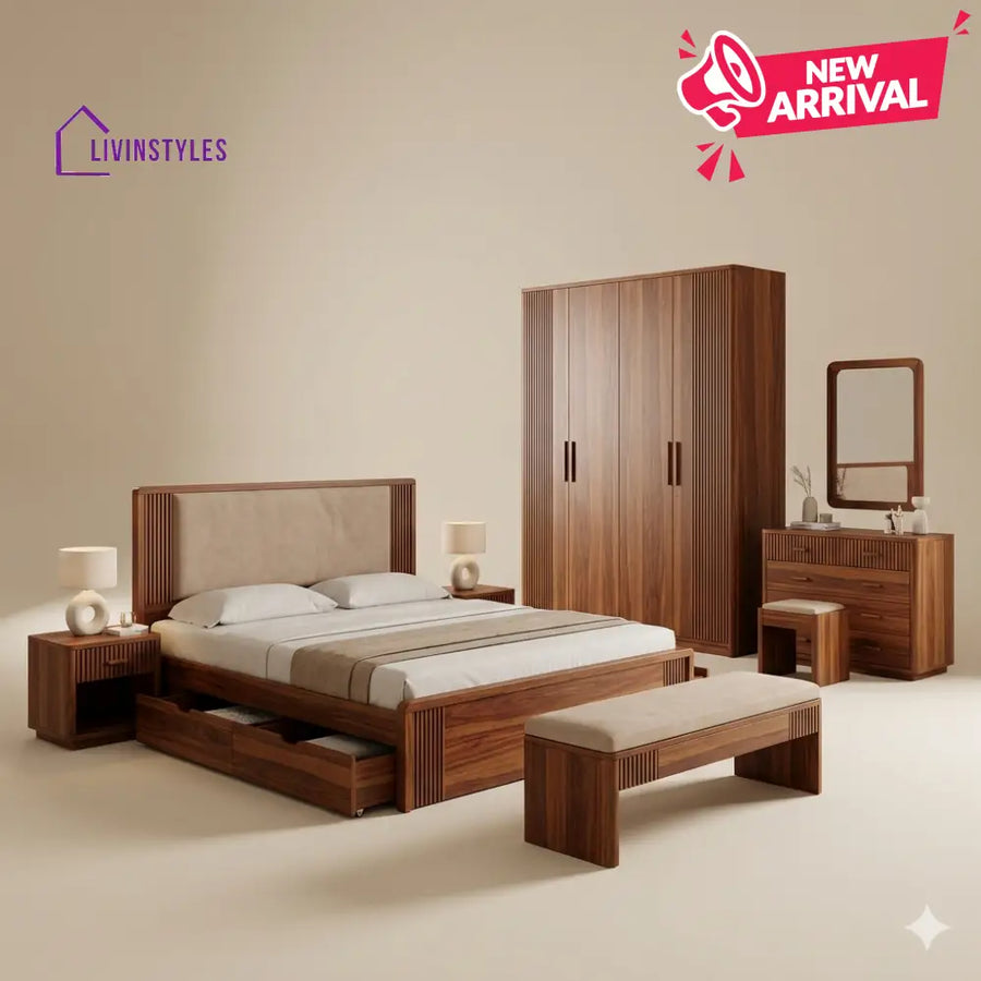 Vidhi Solid Sheesham Wood Bedroom Set with Bed Bedside Tables Bench Wardrobe & Dresser