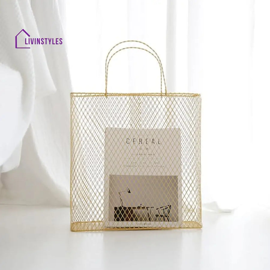 Vidhya Gold Metal Magazine Rack With Handle For Bedroom