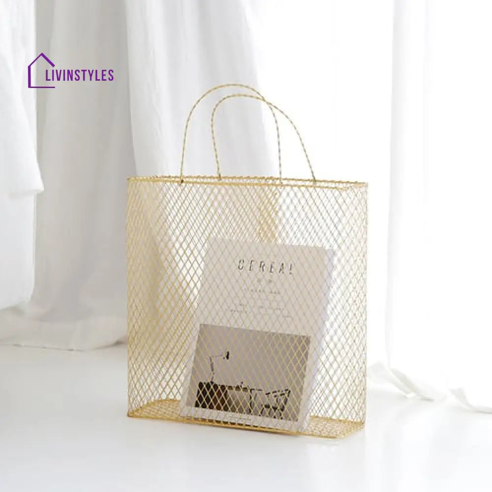 Vidhya Gold Metal Magazine Rack With Handle For Bedroom