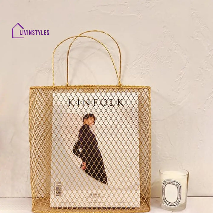 Vidhya Gold Metal Magazine Rack With Handle For Bedroom