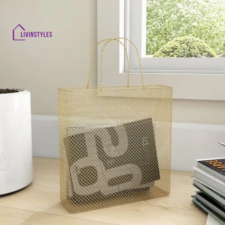 Vidhya Gold Metal Magazine Rack With Handle For Bedroom