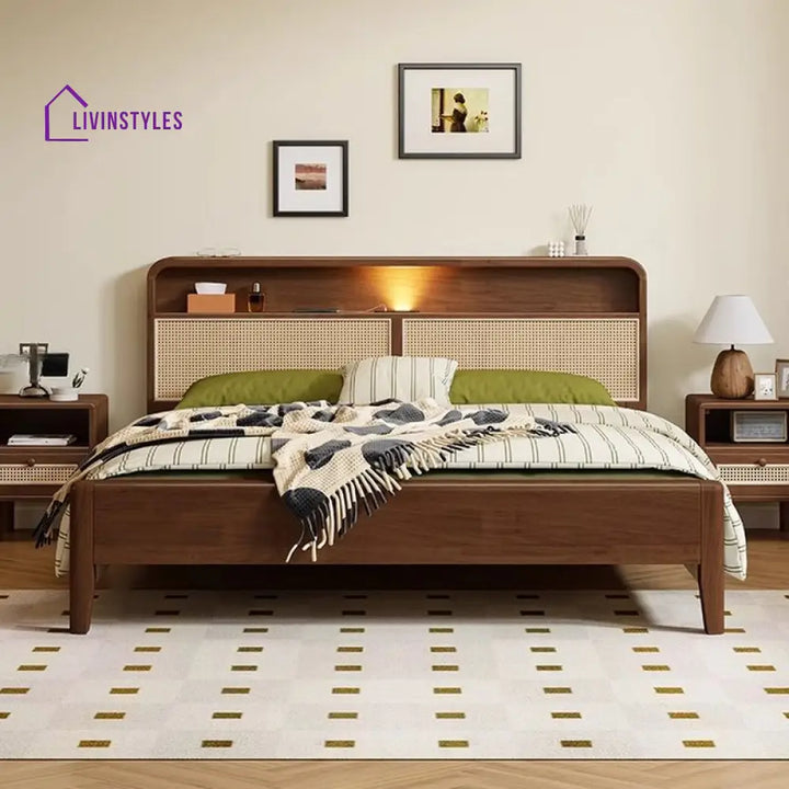 Vidhya Solid Wood Bed without Storage | Cane Weaving Headboard