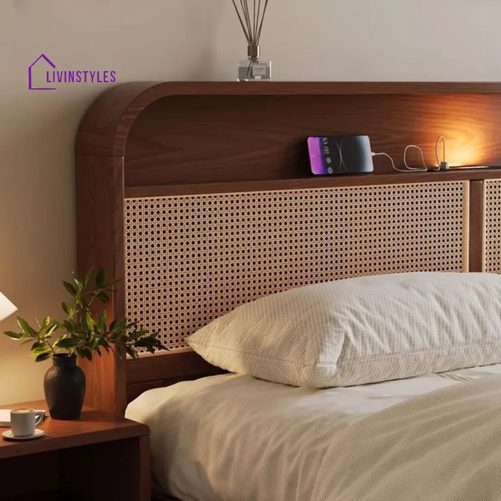 Vidhya Solid Wood Bed without Storage | Cane Weaving Headboard
