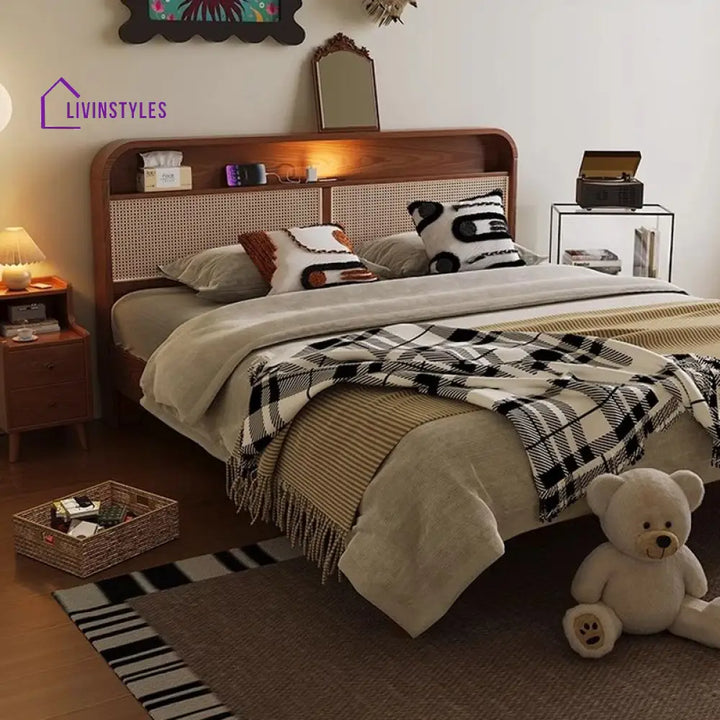 Vidhya Solid Wood Bed without Storage | Cane Weaving Headboard