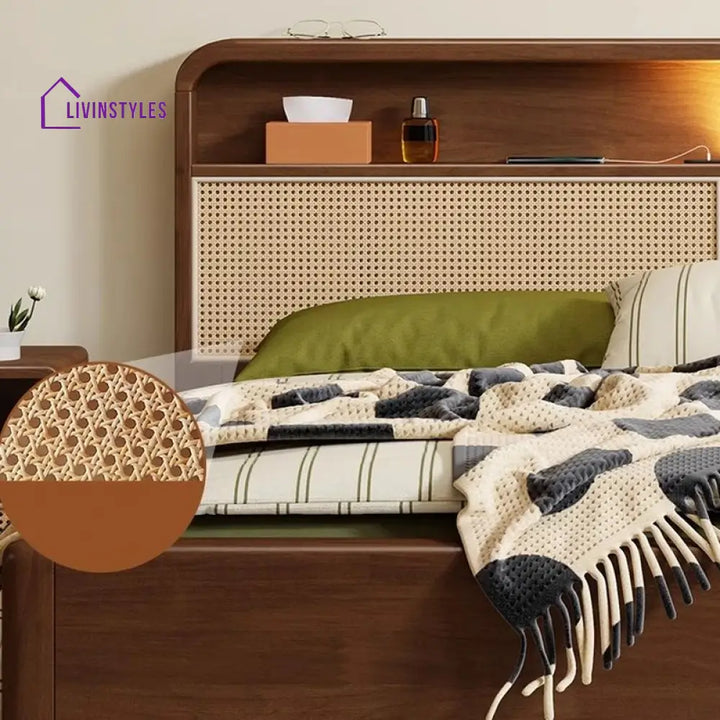Vidhya Solid Wood Bed without Storage | Cane Weaving Headboard
