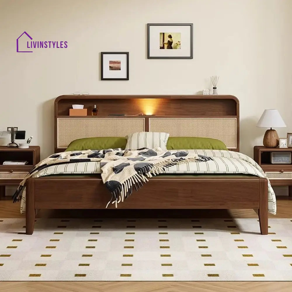 Vidhya Solid Wood Bed without Storage | Cane Weaving Headboard