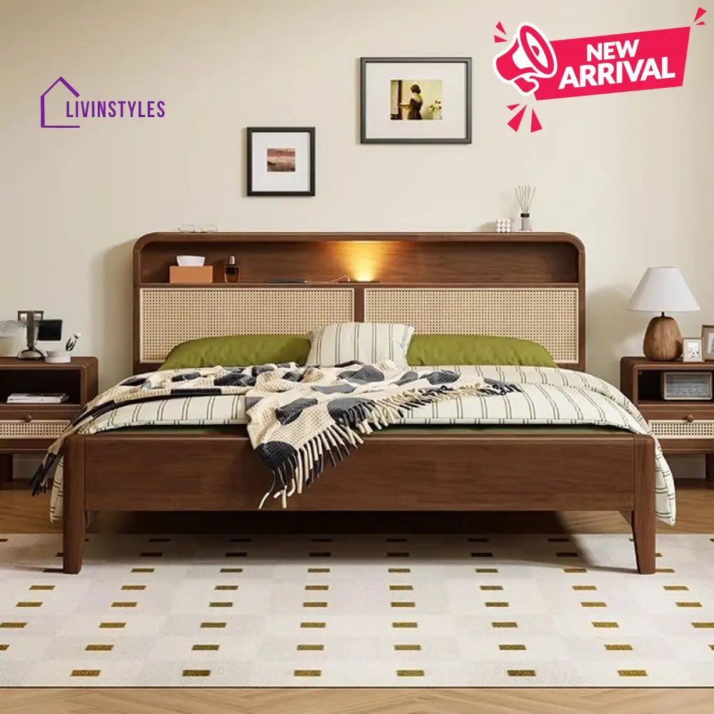 Vidhya Solid Wood Bed without Storage | Cane Weaving Headboard
