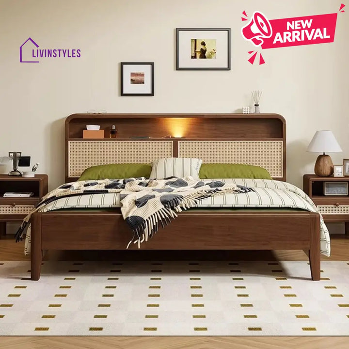 Vidhya Solid Wood Bed without Storage | Cane Weaving Headboard