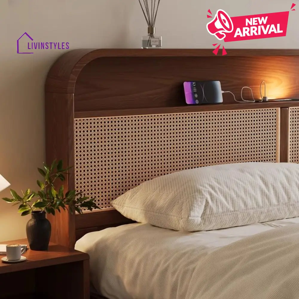 Vidhya Solid Wood Bed without Storage | Cane Weaving Headboard