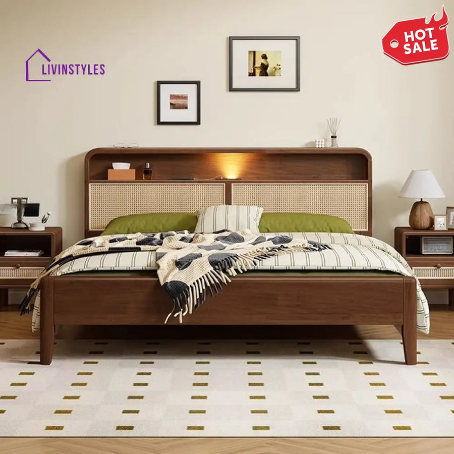 Vidhya Solid Wood Bed without Storage | Cane Weaving Headboard