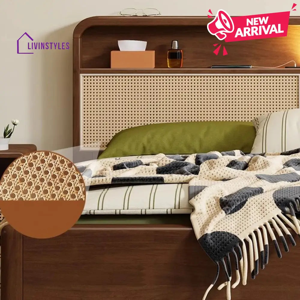 Vidhya Solid Wood Bed without Storage | Cane Weaving Headboard
