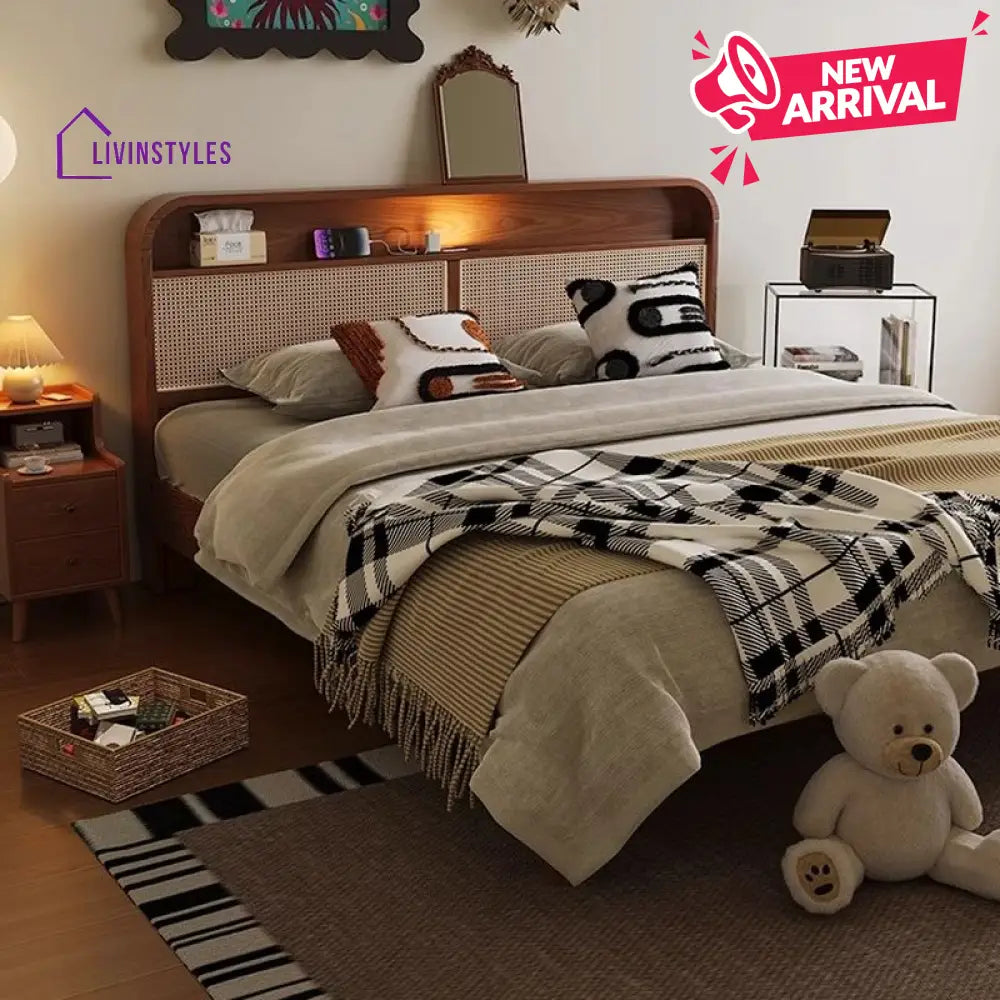 Vidhya Solid Wood Bed without Storage | Cane Weaving Headboard