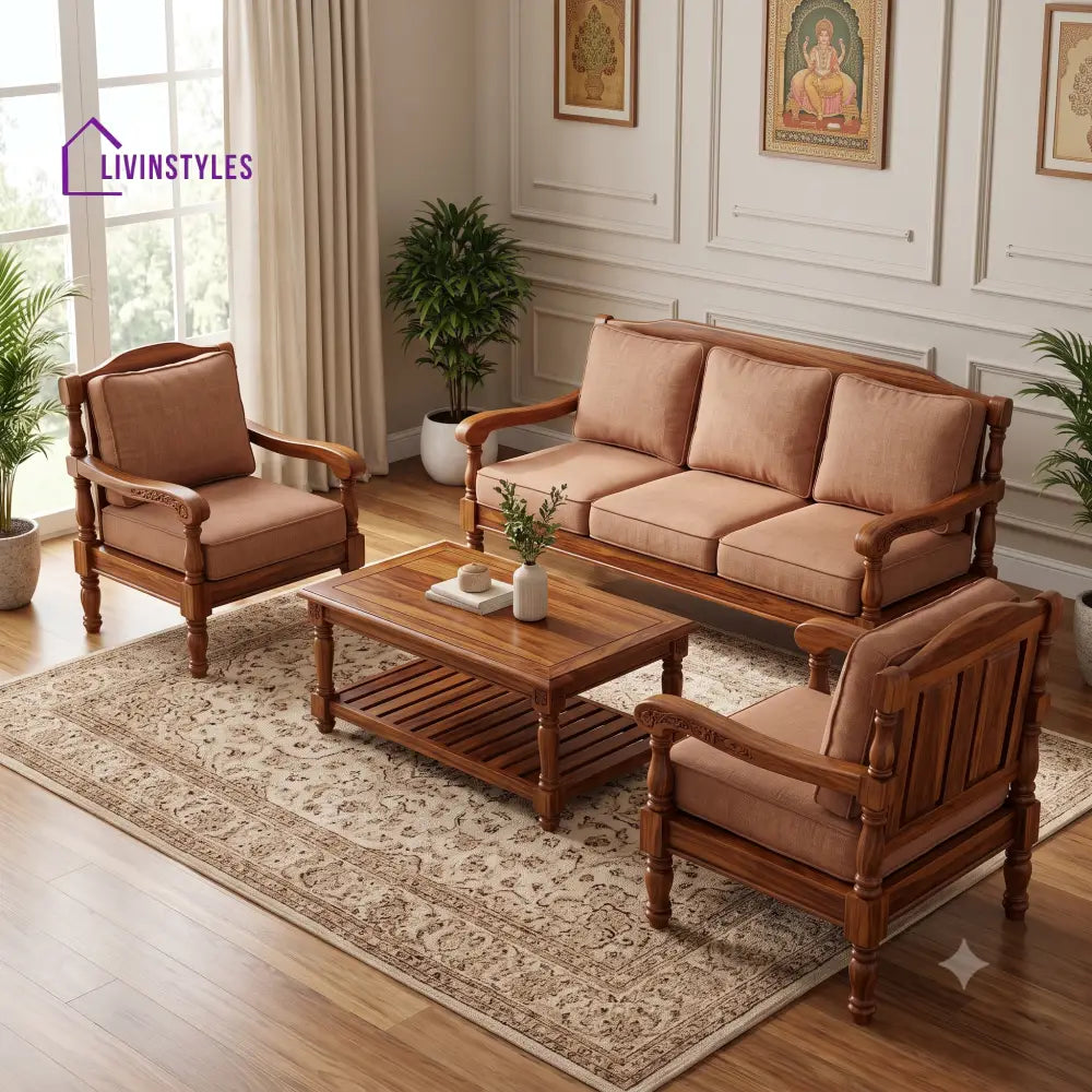 Vidhya Wooden Sofa Set | 3 + 1 + 1 Sheesham Wood Sofa Set for Living Room