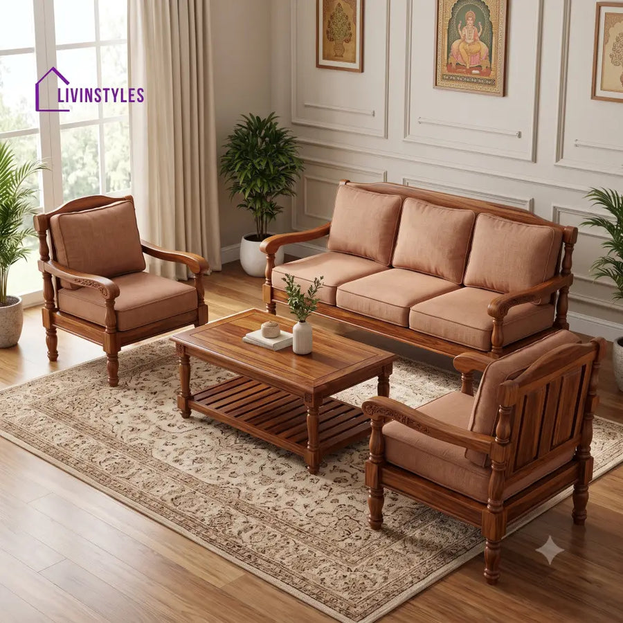 Vidhya Wooden Sofa Set | 3 + 1 + 1 Sheesham Wood Sofa Set for Living Room