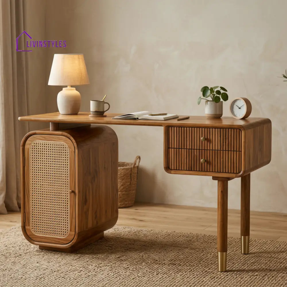 Viet Modern Designer Sheesham Wood Study Table with Cane Accents & Drawer Storage