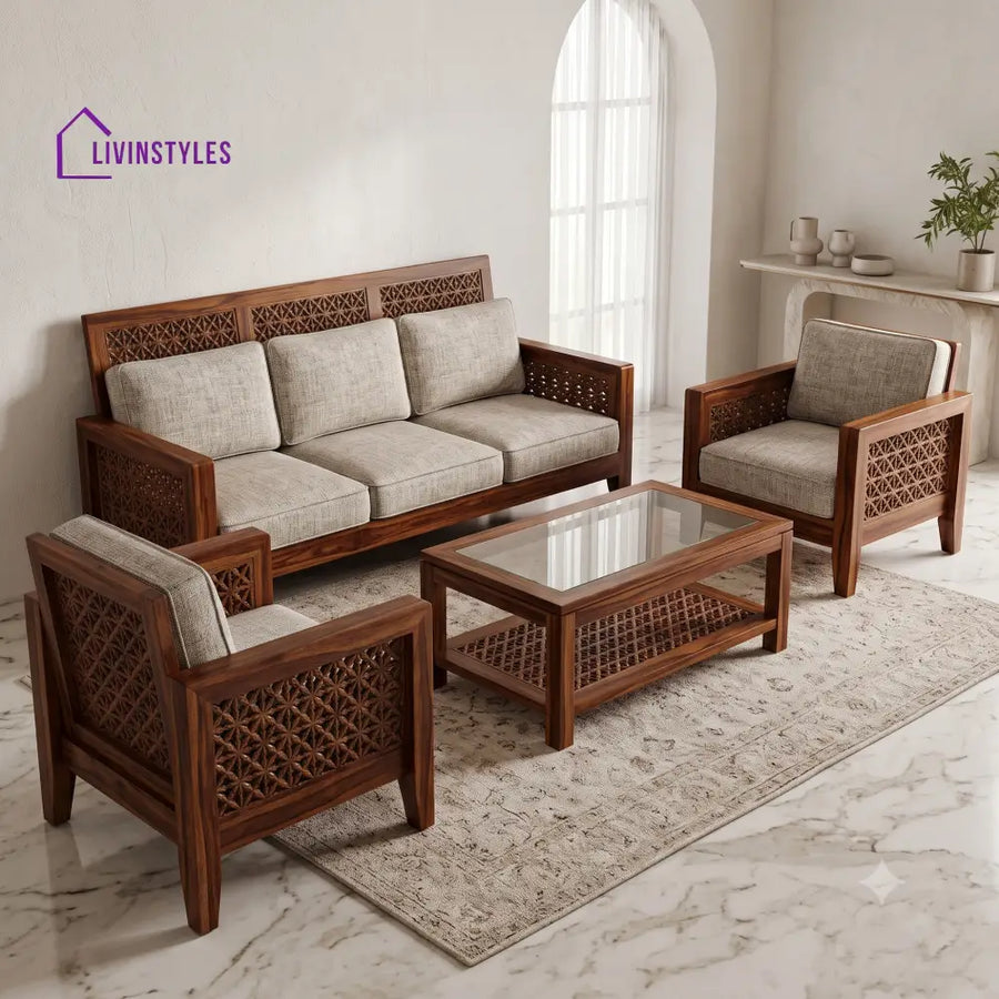 Vijaya Wooden Sofa Set | 3 + 1 + 1 Sheesham Wood Sofa Set for Living Room